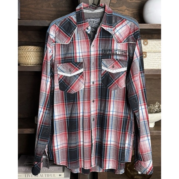 Affliction Other - Affliction Black Premium Men's L Western Red Plaid Pearl Snap Shirt Embroidered